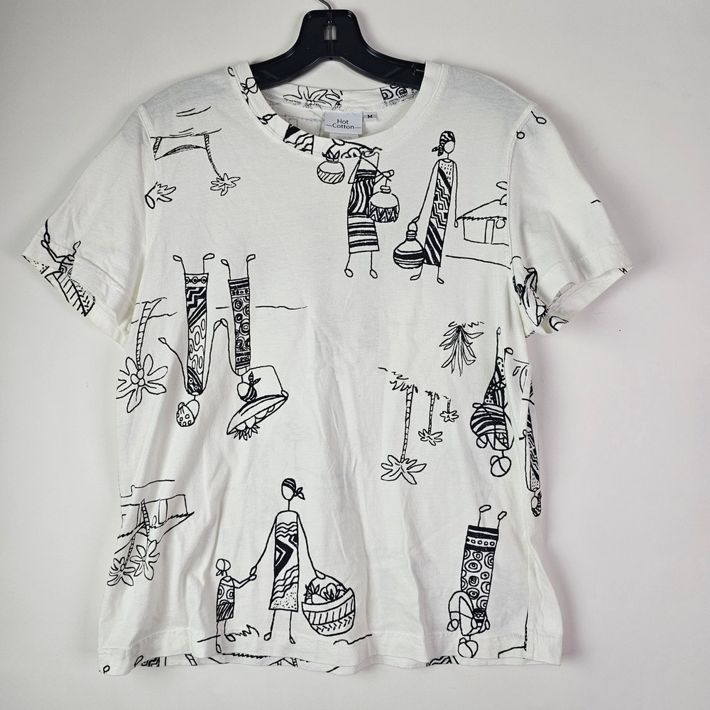 Hot Cotton Marc Ware Womens White Black Village Tribal Tee Shirt USA Size M
